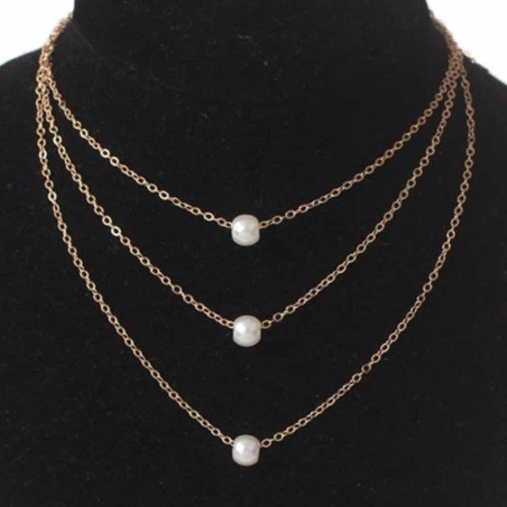 Gold Tone Faux Pearl Multilayer Pendant Necklace